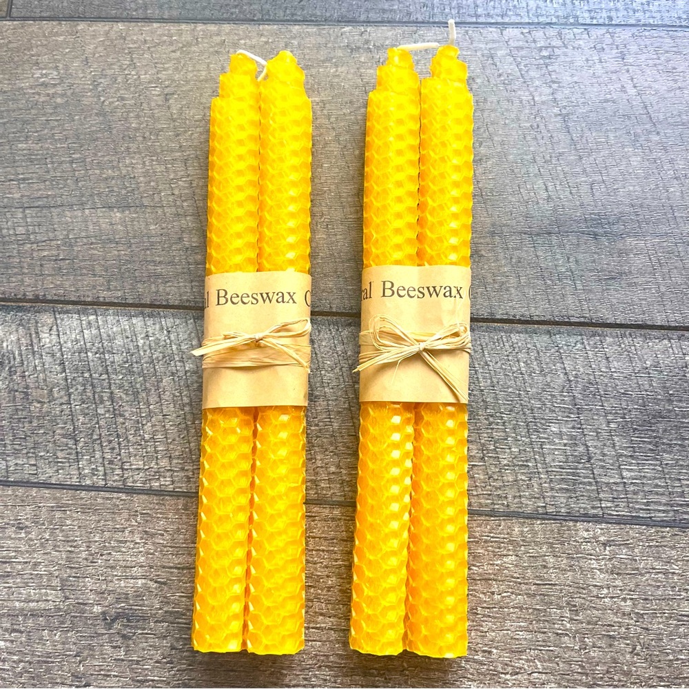 Lot of 4 Candles Yellow Pure Natural Beeswax Honeycomb Hand Rolled Taper 9"
